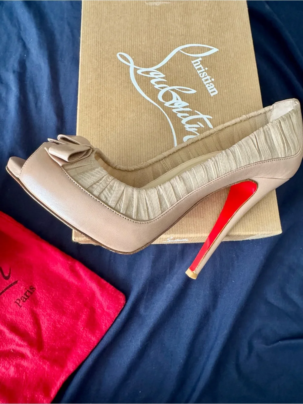Christian Louboutin Angelique Nude chiffon Peep-Toe Stiletto with Red Sole